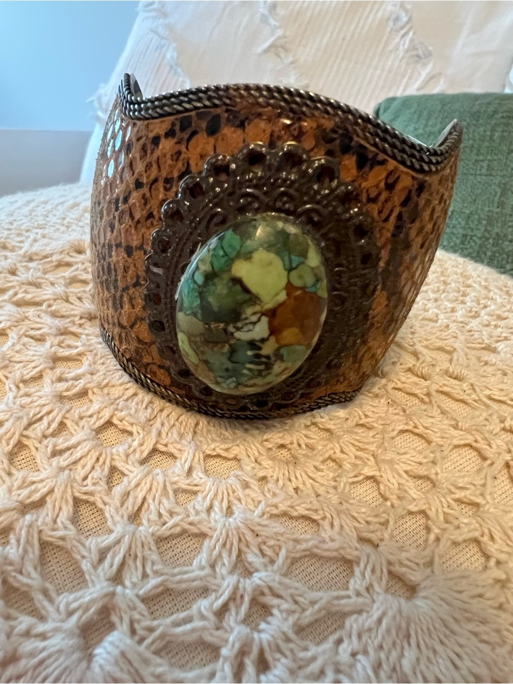 Vintage Boho Copper Tone Cuff Bracelet Turquoise Mosaic Statement